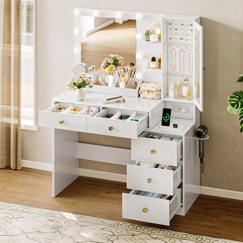Image of HUANLEGO Vanity Desk with Mirror and Lights, White Makeup Vanity Mirror with Lights Desk with 5 Drawers, Jewelry Organizer& LED Glass Cabinet, 3 Light Mode Dressing Table Set for Girls, Women