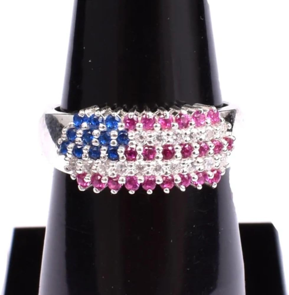 Ssjewel 2 Ct Round Diamond Art Deco Vintage Style American Flag Style Birthstone Patriotic Rings For Women 14K Gold Plated 925 Sterling Silver Handmade USA Flag Ring Independence Day Gift For Her