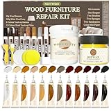 Wood Furniture Repair Kit - Set of 34 - Laminate Floor Repair Kit with Wood Putty, 12 Colors Wood Filler & 8 Colors Furniture Markers and Beewax, Wood Repair Kit for Scratch Cracks Hole Discoloration