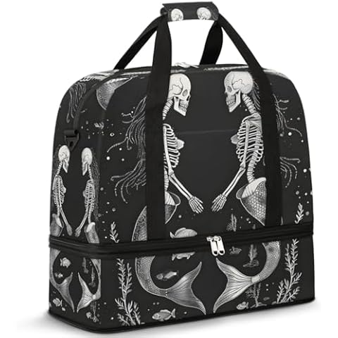 cfpolar Woman Travel Duffel Bag Skull Mermaid Foldable Tote Carry On Luggage Sports Gym Bag With Shoe Compartment Overnight Weekend Yoga Workout Bag Training Handbag Cover