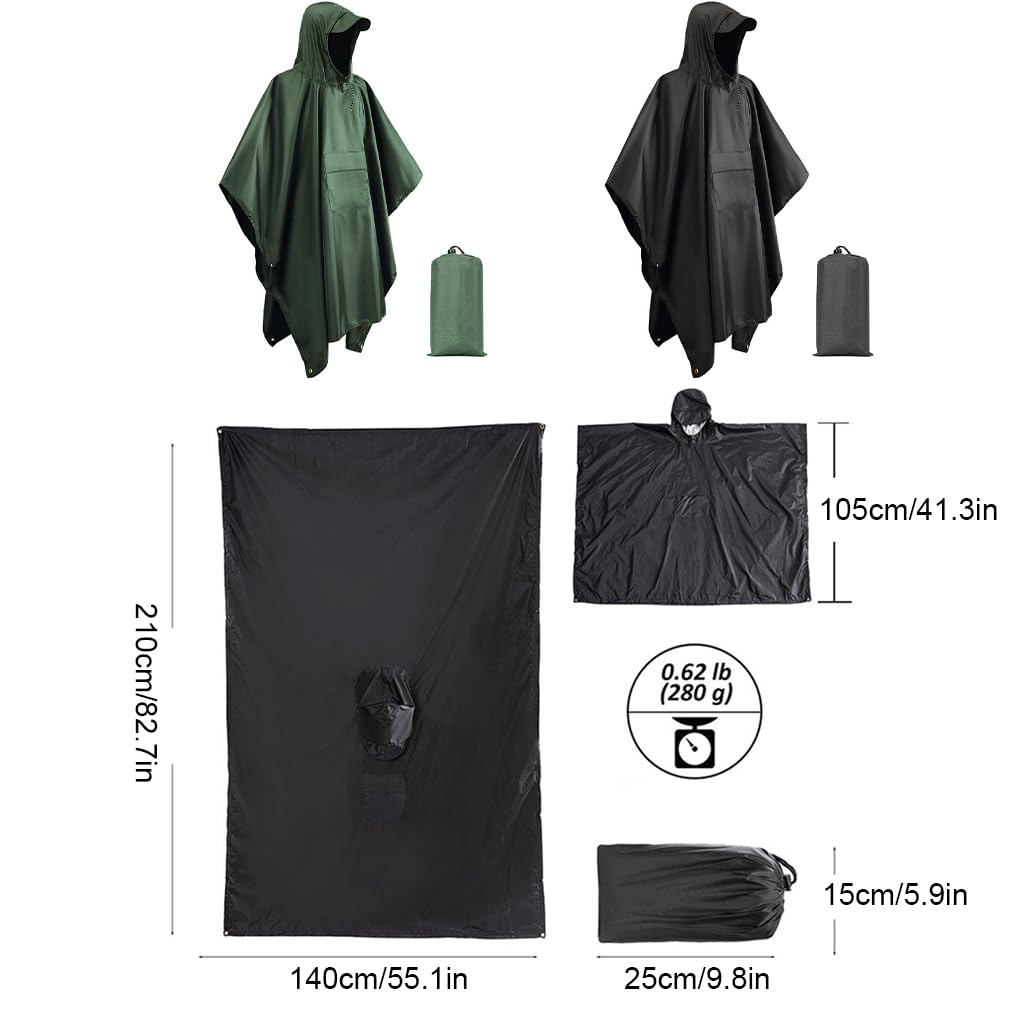 Poncho de lluvia largo multifuncional en chaqueta de emergencia para mujer, unisex, para adultos, montañismo, al aire libre, verde, Juego de 3 (verde), 42,5 EU