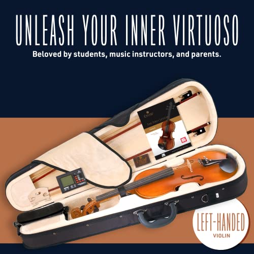 Cecilio 4/4 Violin Set Full Size Fiddle Solidwood Ebony Fitted LEFT-HANDED Violin with D'Addario Prelude Strings | Complete Set with Hard Case, Bows, Tuner, Rosin & Shoulder Rest