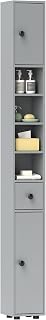 kleankin 180cm Tall Bathroom Cabinet, Slim Bathroom Storage Cabinet with 4 Open Shelves, 2 Door Cupboards and Adjustable Shelves, Grey