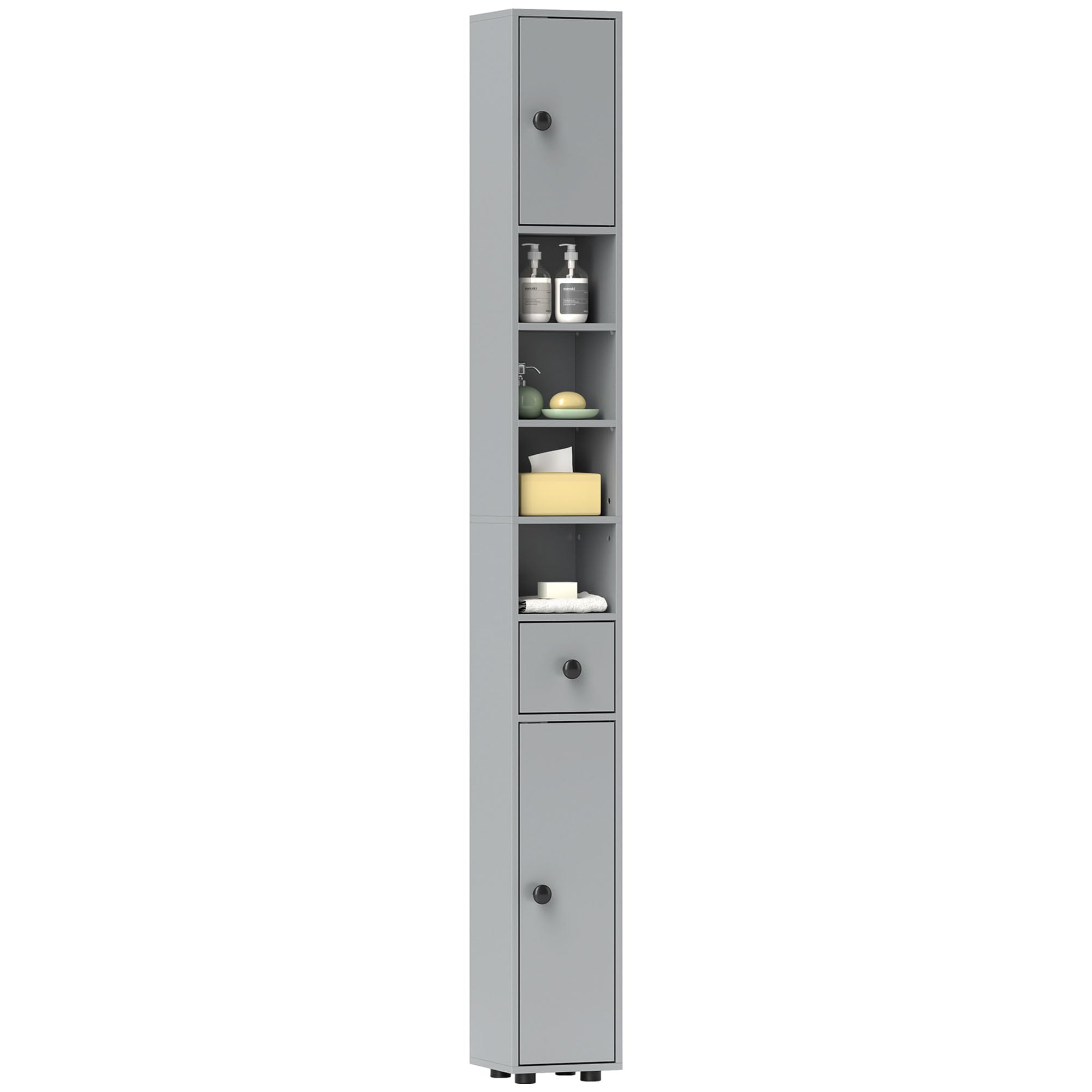 kleankin 180cm Tall Bathroom Cabinet, Slim Bathroom Storage Cabinet with 4 Open Shelves, 2 Door Cupboards and Adjustable Shelves, Grey
