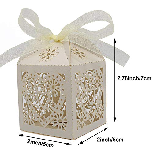 KPOSIYA 100 Pack Love Heart Laser Cut Wedding Party Favor Box Candy Bag Chocolate Gift Boxes Bridal Birthday Shower Bomboniere with Ribbons - Thumbnail 3