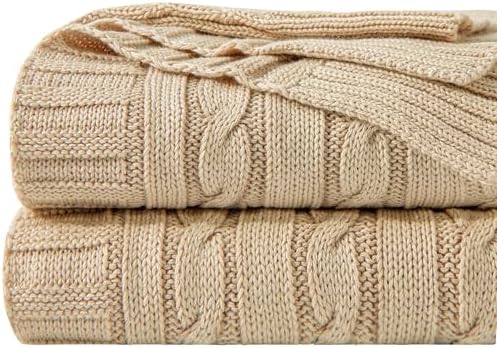NTBAY Cotton Cable Knit Throw Blanket, 51 x 67, Khaki