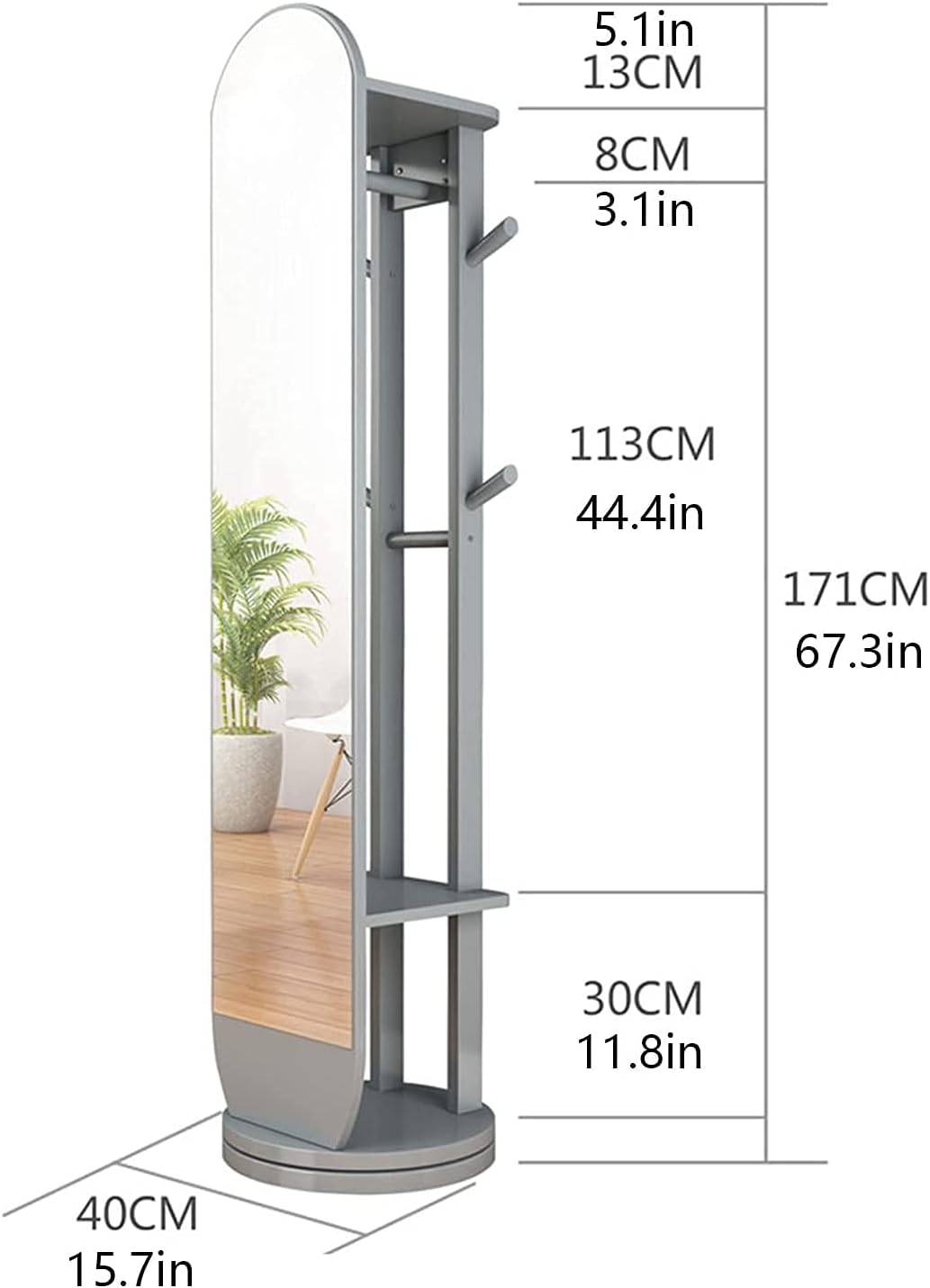 Floor-Standing Solid Wood Rotating Coat Rack，360° Swivel Floor Mirror with Storage Shelf – Gray Standing Garment Coat Rack for Bedroom, Living Room, Fitting Room – Stylish & Functional Cloth