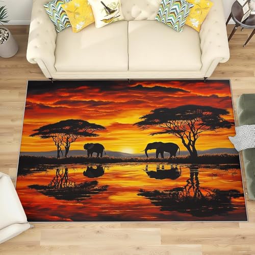 Grasland-Elefanten-Silhouette Weich Rutschfest Waschbarer Teppich 60x90 cm, Orangefarbener Sonnenuntergang Pflegeleicht Kurzflor Schmutzabweisend Teppiche für Wohnzimmer, Schlafzimmer, Büro & Flur