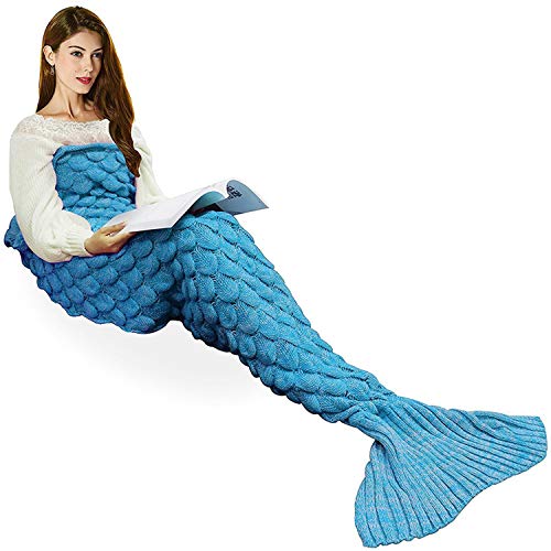 eCrazyBaby Hecho a Mano de Punto Manta de Cola de Sirena, Todas Las Estaciones cálido sofá Cama Sala de Estar Manta para niños y Adultos, Patrón de Fish-Escalas, 180 x 90 cm, Azúl Claro