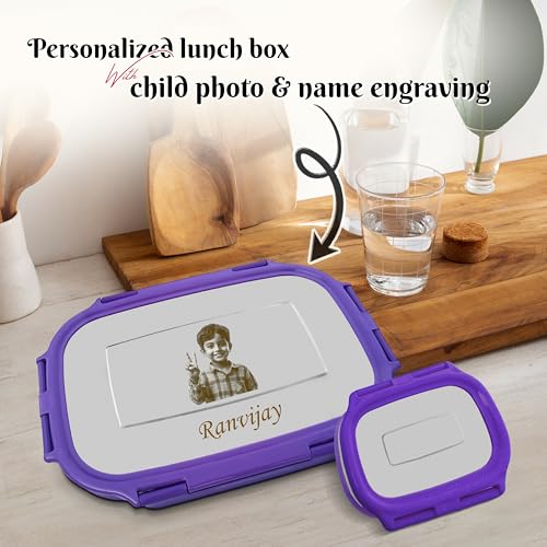 Image of SAVRI Personalized Kids Stainless Steel Lunch Box Purple- Customized Photo & Name Laser Printed Tiffin Box | Leakproof School Snack Storage for Boys & Girls Birthday Return Gift, Daycare &Picnic Use