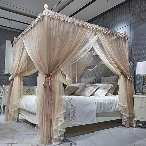 4 Corners Post Princess Mosquito Net Curtains Bed Canopy for Girls Curtain- Double Layer Sheer Mesh Canopies Drapes Girls Room Decor (Pink-Jade, Queen)