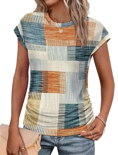 Womens Shirts Dressy Casual Short Sleeve Summer Tops Ruched Ladies Blouses Work Shirts 2025 Plaid M