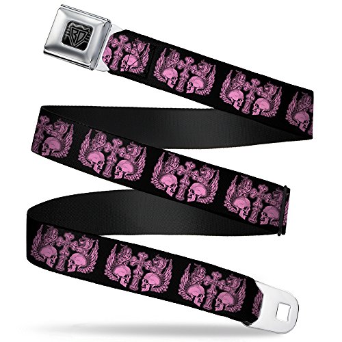 Cinturón de seguridad BD Skulls con alas negro rosa ajustable de 20 a 36 pulgadas