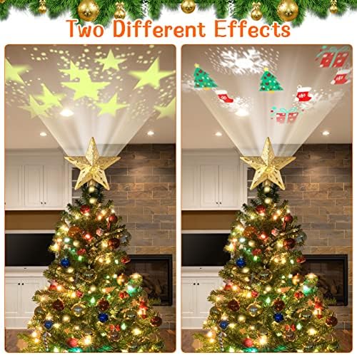 CLISPEED Christmas Star Tree Topper, Glitter Sparkling Hollow Lighted Tree Topper with 3D Rotating Colorful Projectors for Home Holiday Party Xmas Tree Decorations (2- Shapes Projectors, No Battery)