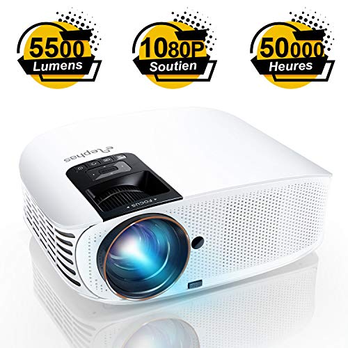 Vidéoprojecteur, ELEPHAS Rétroprojecteur Full HD Projecteur 5500 Lumens Soutien 1080P LED Compatible VGA HDMI AV USB Micro SD, Ordinateur, Smartphone, Jeux Video, Films, Blanc