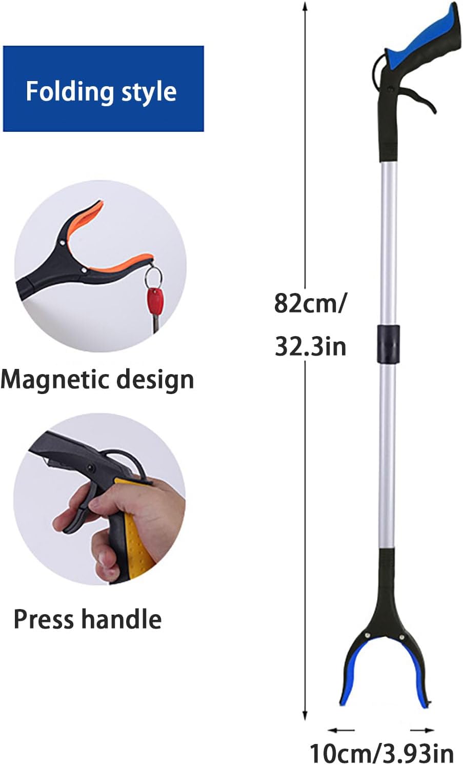 32.3-inch Professional Trash Picker Grabber Tool, Stainless Steel Multifunctional Grabber for Mobility Aid, Garden, and Rubbish Collection Blue