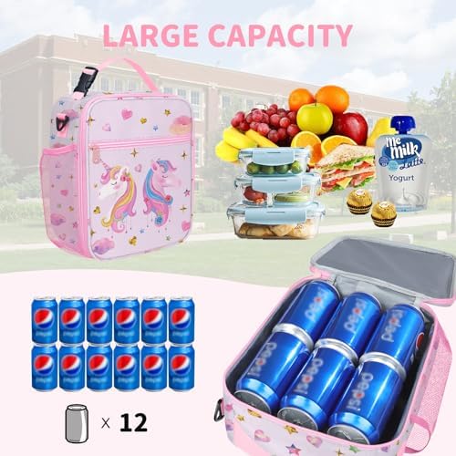 Clastyle Kids Insulated Lunch Bag for Girls | Large Portable Lunch Cooler Bag for Outdoor Picnic, Back to School, Lightweight Lunch Tote with Bottle Holder, Straps | Pink Unicorn Heart