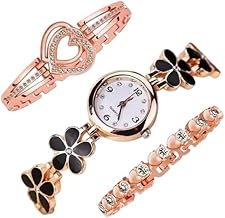 Analog Black Color Flowered White Dial Watch and Bracelet for Womens and Girls Combo Watches for Women and Girl Pack of 3