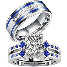 3pc His and Hers Couple Ring Bridal Sets Women White Gold Plated Heart Blue Cz Man Titanium Band Wedding Ring for Him and Her