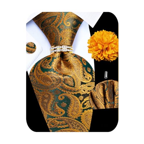 Image of 5PCS Mens Premium Silk Tie, Pocket Square, Cufflinks, Drilled Tie Ring and Lapel Pin Set for Wedding Groom Party