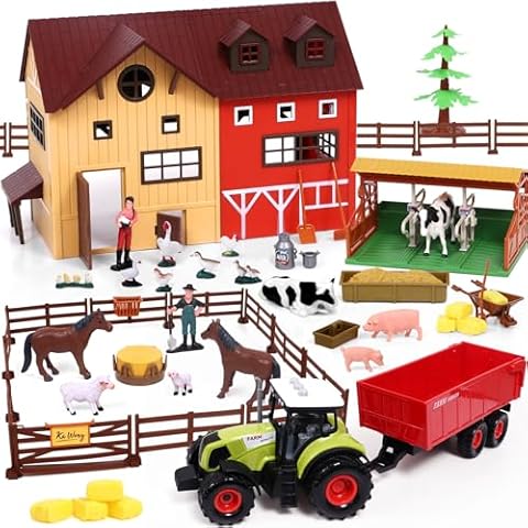 Tacobear Barn Farm Animal Toys for Kids Toddlers, Farm Toys with Big Farm House Tractor Truck, Farm Figures Fence Horse Stable Playset, Educational Learning Toys Birthday Gift 3-12 Year Old Boys Girls Cover