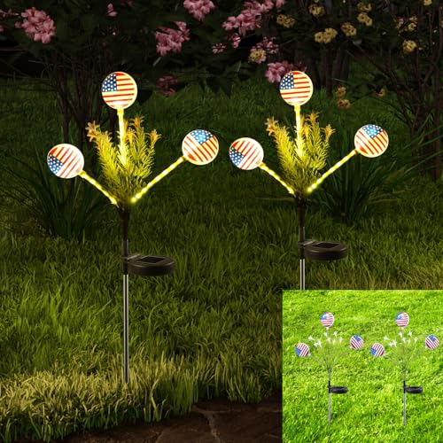 Solar Lights Outdoor Waterproof, 2 Pack American Flag Garden Lights for Yard,Garden,Patio,Pathway Decoration, Landscape Ambient Lighting for Festival,Holiday,Party,Christmas Gifts New Year Decorations