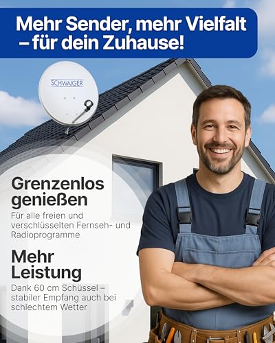 SCHWAIGER Satellitenschüssel Komplettset - Ø 60 cm Stahl Offset Antenne in Hellgrau - Inkl. sonnengeschütztes Twin LNB - Digital HD & 4K Empfang - Hitzebeständig & wetterfest