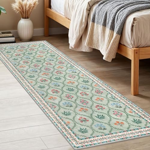 KILOCOCO 2x6 Runner Rug, Moroccan Super Soft Washable Hallway Entryway Runner Rug, Accent Print Faux Wool Kitchen Runner Rug 6 Feet Non-Slip Boho Rug Runner for Laundry Room Bedroom, Green