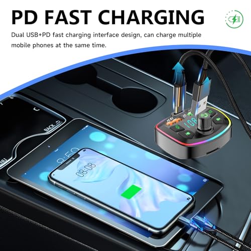 Accesorios de coche Aux, transmisor FM Bluetooth para coche [PD18W+4.8A], Mechero Bluetooth 5.0, música, 2 puertos USB y 1 Type-C, llamada manos libres - imagen 2