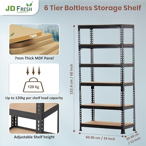 JD FRESH 6-Shelf Adjustable Boltless Metal Shelving Unit/Heavy Duty Metal Storage Rack with Wooden Planks for Home, Garage, Office & Shop/Utility Display Rack (60 x 24 x 12 Inch, Black)