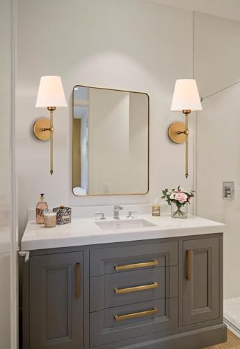 Bsmathom Wall Sconces Sets of 2, Hardwired Classic Brushed Brass Sconces Wall Lighting, Bathroom Vanity Light Fixture with Fabric Shade for Bedroom Living Room Hallway Kitchen, Gold