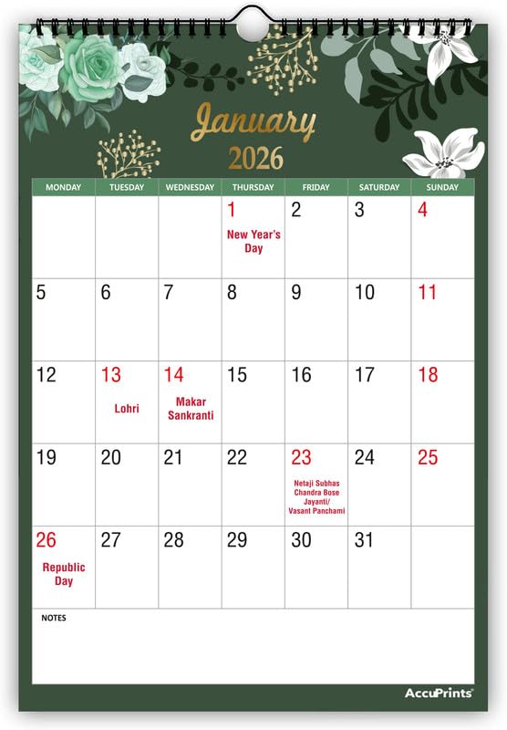 AccuPrints® Wall Calendar 2026 Planner-Size (14 x 20) inch For Office Home Table New Year Hanging Kids (35 x 51) cm- (Green wall)