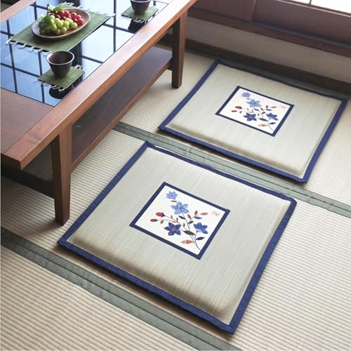 大橋商店 国産 い草 座布団 桔梗 パッチ座布団 単品 1枚 約55×55cm 厚み:約2.2cm（最厚部）日本製 い草 天然素材 抗菌 消臭 調湿 涼感 冷感 フローリング 和室 い草クッション 和柄 癒し（桔梗）の商品画像（Amazon）