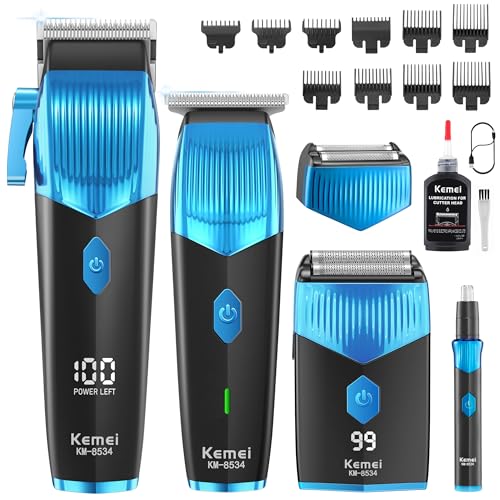 KEMEI Hair Clippers and Trimmers Set, Nose Hair Trimmer, Foil Shaver for Men, Electric Razor for Men, Haircut Grooming Kit with LCD Display, USB Rechargeable