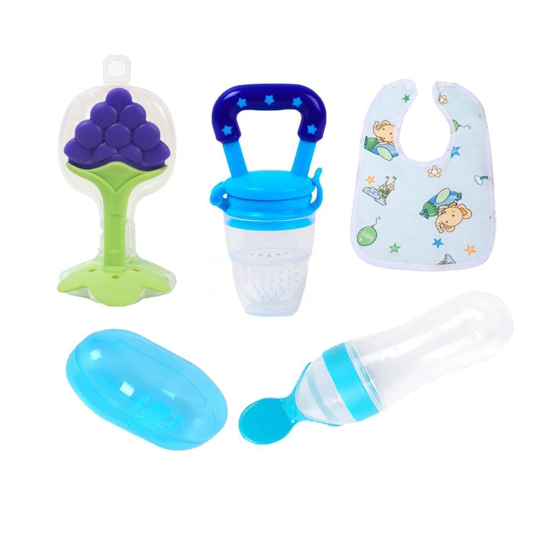 Drisona Baby Fruit Feeder Pacifier (1 Pcs) with 1 PCS Silicone Baby Food Dispensing Spoon 90ML and 1 pcs Fruit Teether 1pcs Finger Brush 1 pcs Baby bib (Blue) Combo Pack of-5 Pcs-image-42