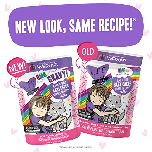 B.f.omg - Best Feline Friend Oh My Gravy!, Tuna & Beef Baby Cakes With Tuna & Beef In Gravy Cat Food By Weruva, 3Oz Pouch (Pack Of 12), Purple (0152) #TOP2