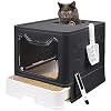 Foldable Cat Litter Box with Lid, Enclosed Potty, Large Top Entry Anti-Splashing Toilet, Easy to Clean Including Litter Scoop and 2-in-1 Cleaning Brush (Black)