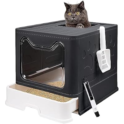 Foldable Cat Litter Box with Lid, Enclosed Potty, Large Top Entry Anti-Splashing Toilet, Easy to Clean Including Litter Scoop and 2-in-1 Cleaning Brush (Black)