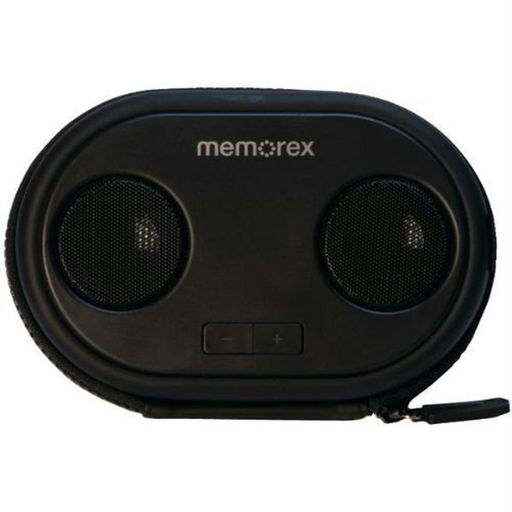 Memorex ML310 Portable Speaker Case showing the front with two speakers and volume buttons.