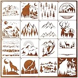 Boqon 15 Pieces Deer Wolf Mountain Stencils Reusable Pine Tree Stencils Forest Wildlife Paint Template Wood Burning Stencil Painting on Wood Crafts Wall Home Decors (Wildlife), white clear