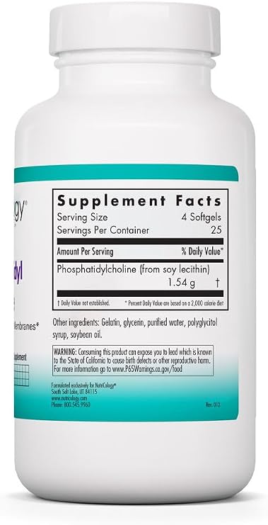 NutriCology Phosphatidyl Choline - 385 mg Phosphatidylcholine Lecithin - Brain, Liver & Cell Membrane Support - Softgel Capsules - Soy-Based Supplement - 25 Servings - 100 Count