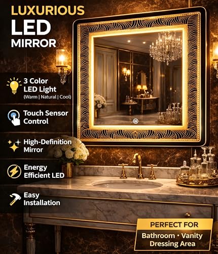 Image of LED Mirror with Touch Sensor, Wall Mount, 3 Colour Warm /Cool /Natural, 18 X 18 Inches for Bathroom and washbasin