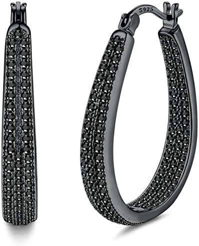 KRFY 925 Sterling Silver Post Hoop Earrings for Women Girls Clear Black Cubic Zirconia 14K Gold Plated Oval Chunky Silver Black Hoop Earrings