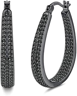 KRFY 925 Sterling Silver Post Hoop Earrings for Women Girls Clear Black Cubic Zirconia 14K Gold Plated Oval Chunky Silver Black Hoop Earrings