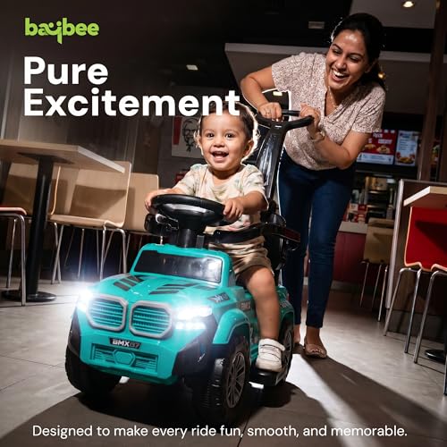 Image of Baybee Ride on Cars for Kids | Baby Push Ride ons Toys Car with Parental Handle & Safety Guardrail | Baby Toy Car with Backrest, Light & Music | Outdoor Kids Cars for 1 to 3 Years (Nitro Pro Green)