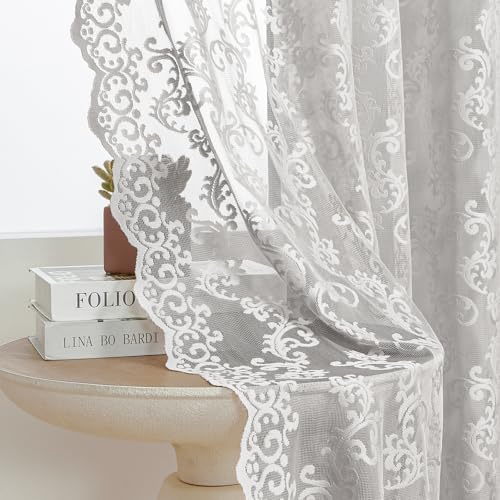 Gray Lace Curtains 90 Inches Long 2 Panels Paisley Floral Sheer Curtains for Living Room Bedroom Rod Pocket Light Filtering Neutral Grey Large Window Privacy Decor for Dining Room Hallway, 52x90 Ash