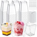 50 Bicchieri Dessert con Cucchiaini,5OZ/160ML Bicchieri Dessert Plastica Quadrati,Riutilizzabili Coppette Dessert con Coperchio,Trasparenti Per Mousse Budino Gelato Buffet Festa Compleanno Picnic