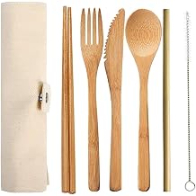 6 Pcs Bamboo Travel Cutlery Knife Fork Spoon Chopsticks Straw Brush Set Bamboo Utensils Camping Flatware Set