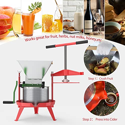 Image of Fruit Wine Press 2.38 Gal - Heavy-duty T-Handle & Cross-beam, Stainless Steel Juice Maker for Apple, Grape, Home Brewing