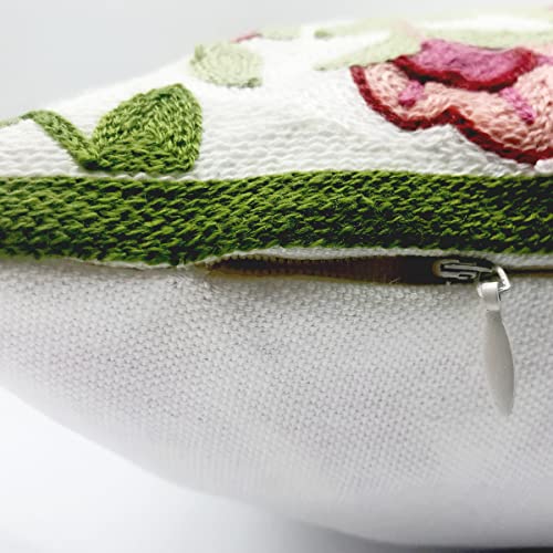 Alysheer Flower Embroidered Farmhouse Decorative Throw Pillow Cover 18"X 18", Cottage Floral Green Leaves Knit Pattern, 100% Cotton Canvas Cushion Case For Sofa Couch Bedroom Decor(Pink Flowers) #TOP4